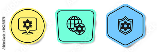 Set line Star of David, World Globe and Israel and Shield with. Colored shapes. Vector.