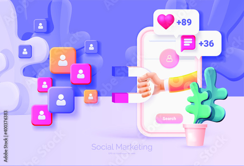 Digital social marketing. Mobile phone with social network interface. Hand holds a magnet. Search and attraction of target audience, new subscribers. Social network promotion. Vector illustration 3D 