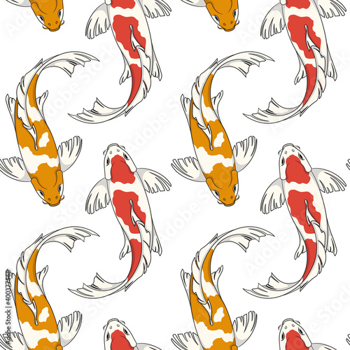 Seamless pattern with red and orange koi fish carps. Colored vector background.