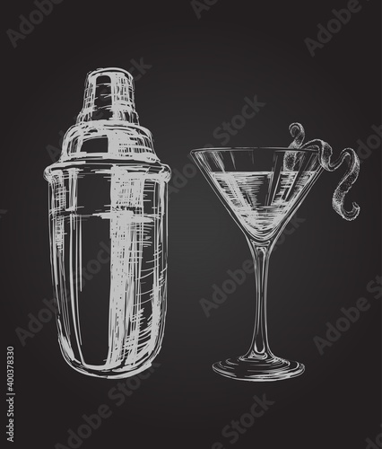 Sketch Cosmopolitan Cocktails and Shaker Hand Drawn Illustration