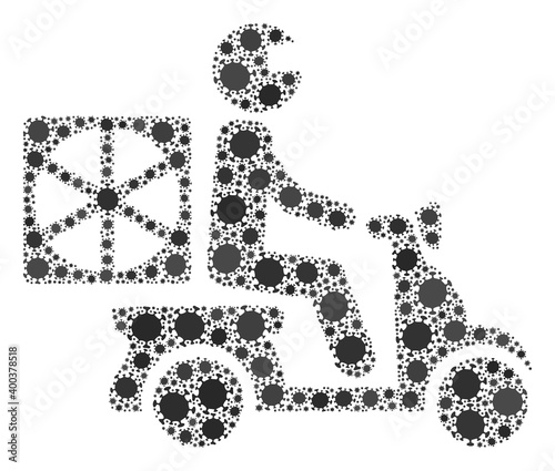 Vector pizza motorbike delivery covid-2019 mosaic icon constructed for lockdown illustrations. Pizza motorbike delivery mosaic is done from random covid pathogen parts.
