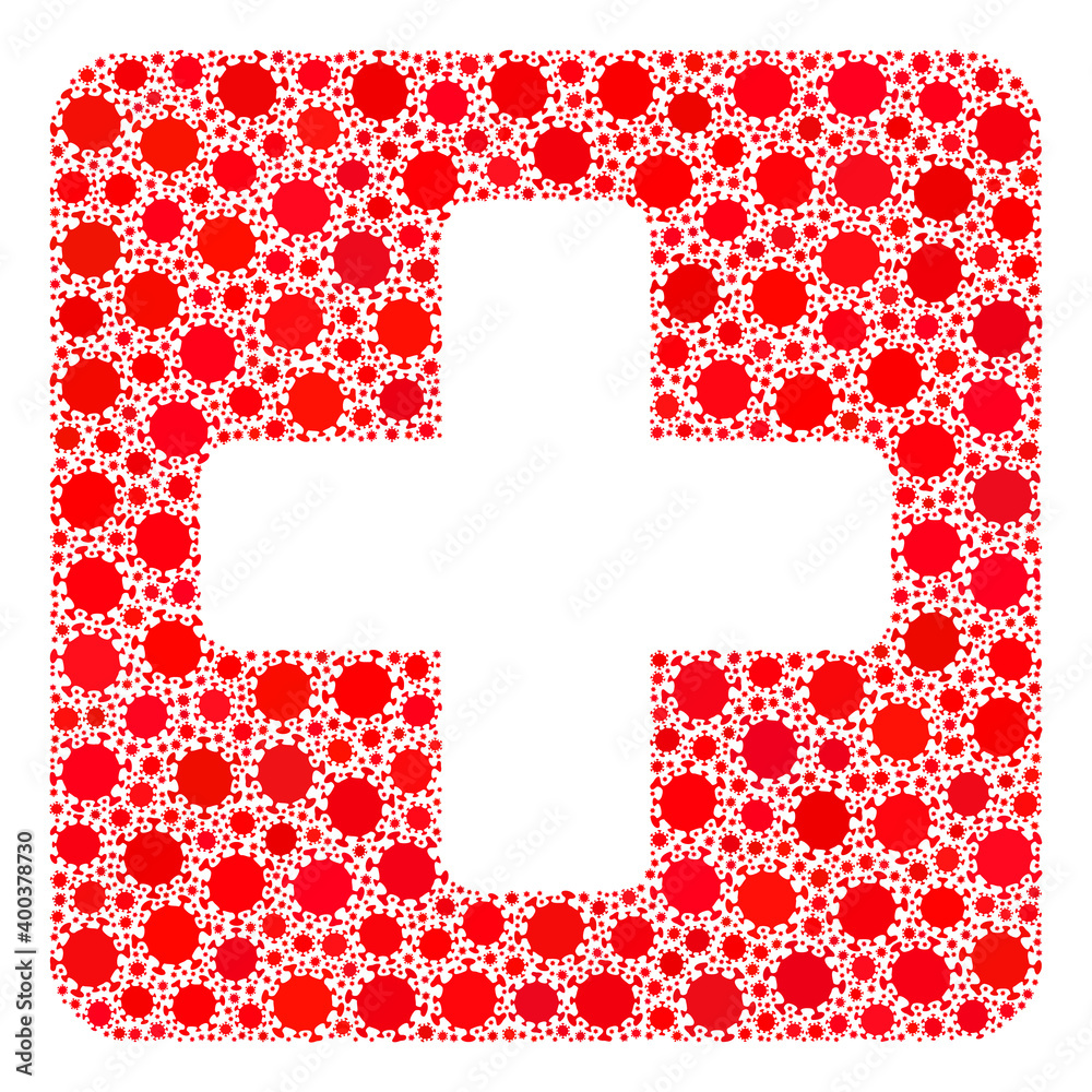 Obraz premium Vector medical box covid-2019 mosaic icon organized for pharmacy advertisement. Medical box mosaic is constructed of scattered covid viral parts.