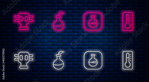 Set line Plant breeding, Test tube and flask, Gas mask and Medical thermometer. Glowing neon icon on brick wall. Vector.
