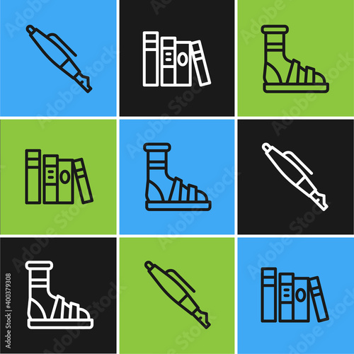 Set line Fountain pen nib, Slippers with socks and Book icon. Vector.