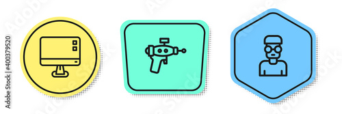 Set line Computer monitor screen, Ray gun and Nerd geek. Colored shapes. Vector.