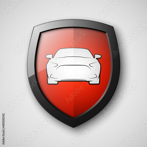 Protect car guard shield. Safety badge vehicle icon. Privacy automobile banner shield. Security auto label. Defense motor car. Defense safeguard shield motor vehicle. Car alarm system. Auto insurance