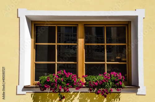 Traditional ornamented window in Selva village  Gardena valley  Dolomites  South Tirol  Italy.