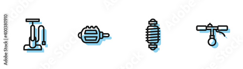 Set line Bicycle suspension, air pump, pedal and handlebar icon. Vector.