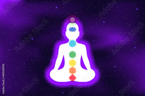 Meditation. Shining chakras. Muladhara, swadhisthana, manipura, anahata, vishuddha, ajna, sahasrara. Space stars. Vector symbol. Om sign. Silhouette of the man in a lotus pose