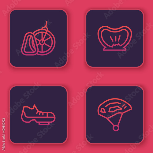 Set line Bicycle parking, shoes, punctured tire and helmet. Blue square button. Vector.