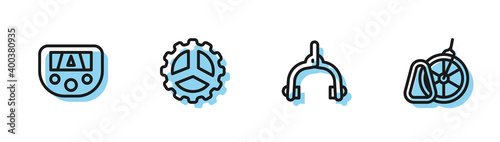 Set line Bicycle brake calipers, Gps device with map, sprocket crank and parking icon. Vector.