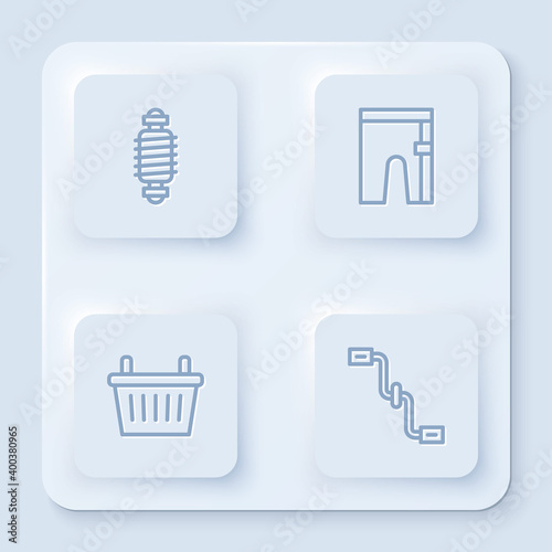 Set line Bicycle suspension, Cycling shorts, basket and pedals. White square button. Vector.
