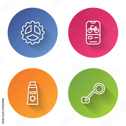 Set line Bicycle sprocket crank, rental mobile app, Sunscreen cream in tube and rear view mirror. Color circle button. Vector.