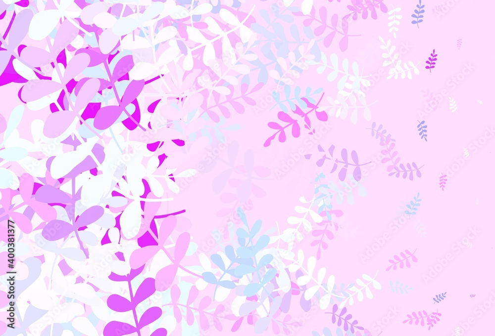 Light Pink, Blue vector doodle texture with leaves.