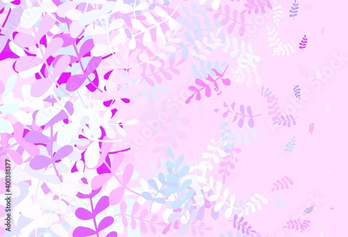 Light Pink, Blue vector doodle texture with leaves.
