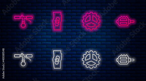 Set line Plaster on leg, Bicycle sprocket crank, handlebar and pedal. Glowing neon icon on brick wall. Vector.