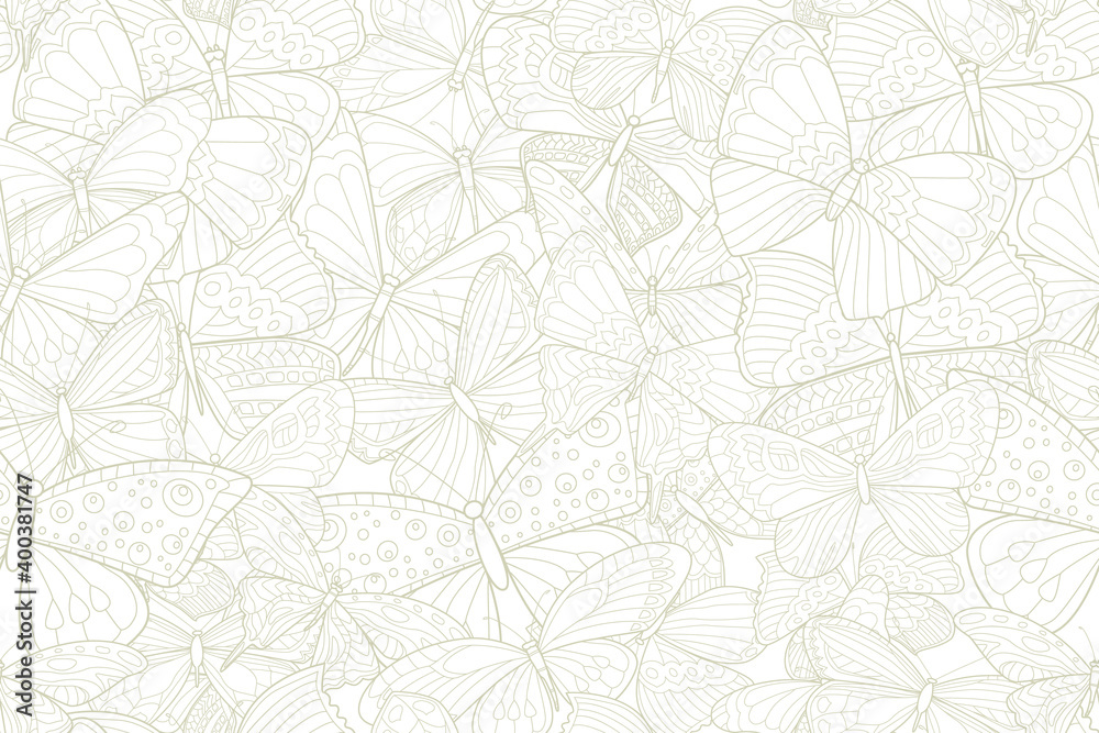 seamless texture with monochrome outlined draws of butterflies a