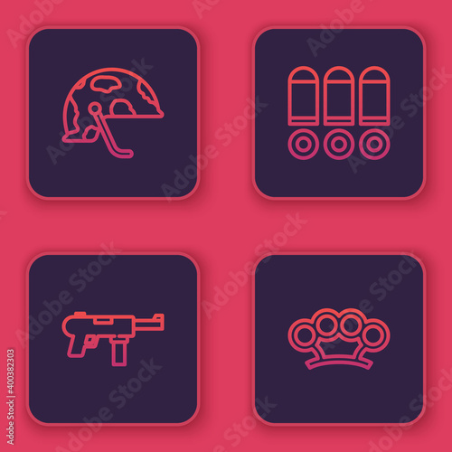 Set line Military helmet, Submachine gun M3, Bullet and Brass knuckles. Blue square button. Vector.