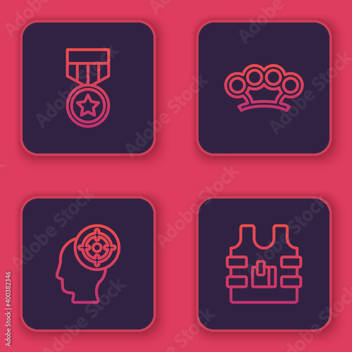 Set line Military reward medal, Target sport, Brass knuckles and Bulletproof vest. Blue square button. Vector.