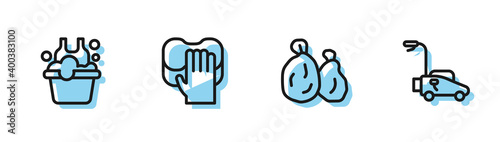 Set line Garbage bag, Basin with soap suds, Cleaning service and Lawn mower icon. Vector.