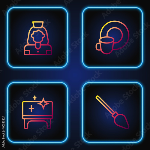 Set line Handle broom, Clean table, Cleaning lady service and Washing dishes. Gradient color icons. Vector.