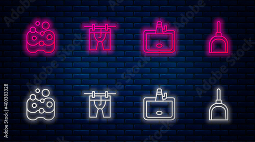 Set line Drying clothes, Washbasin, Sponge and Dustpan. Glowing neon icon on brick wall. Vector.