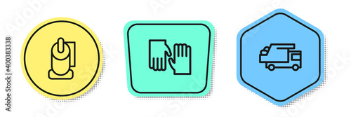 Set line Toilet paper roll, Rubber gloves and Garbage truck. Colored shapes. Vector.