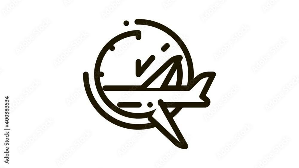Plane Fly Time Or Lateness Icon Animation. black Flying Airplane And Time Clock Watch Concept Linear Pictogram. Air Transport Aircraft animated icon on white background Plane Fly Time Or Lateness Icon Animation. black Flying Airplane And Time Clock Watch Concept Linear Pictogram. Air Transport Aircraft animated icon on white background