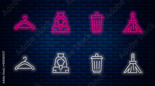Set line Cleaning lady service, Trash can, Hanger wardrobe and Handle broom. Glowing neon icon on brick wall. Vector.