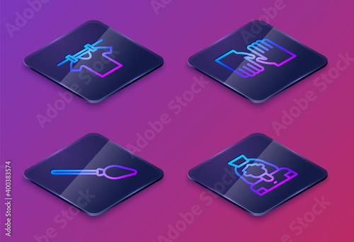 Set Isometric line Drying clothes, Handle broom, Rubber gloves and Cleaning lady service. Blue square button. Vector.