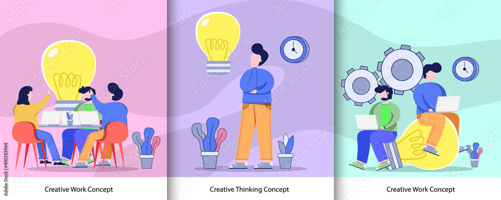 Creative Start up Business Graphic Set. Team work Brainstorm creative idea Concept, Creative Thinking Concept, Creative Work Concept Vector Illustration Design