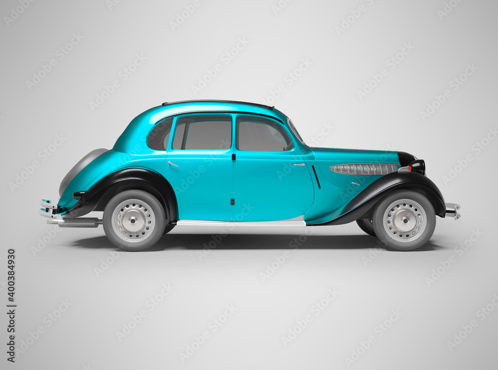 3D rendering classic retro car blue on gray background with shadow