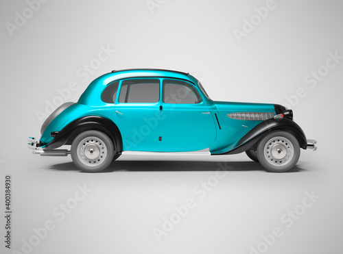 3D rendering classic retro car blue on gray background with shadow