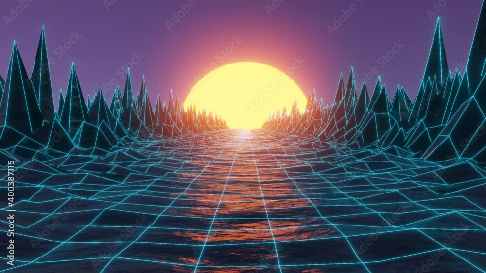 4k animation vedio futuristic retro wave 80s,wireframe landscape mountain background,Glowing Sun,network grid connection,abstract 3d wireframe technology illustration,3d render saemless loop motion