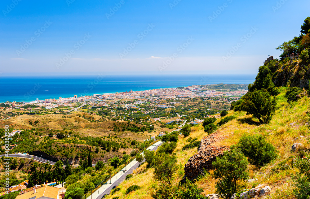 Panoramic view of white washed town of Mijas in Costa Del Sol, Spain