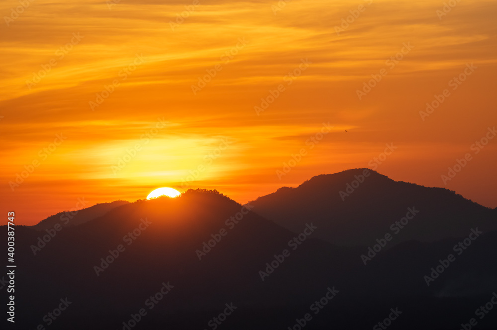 Sunset over mountains.
