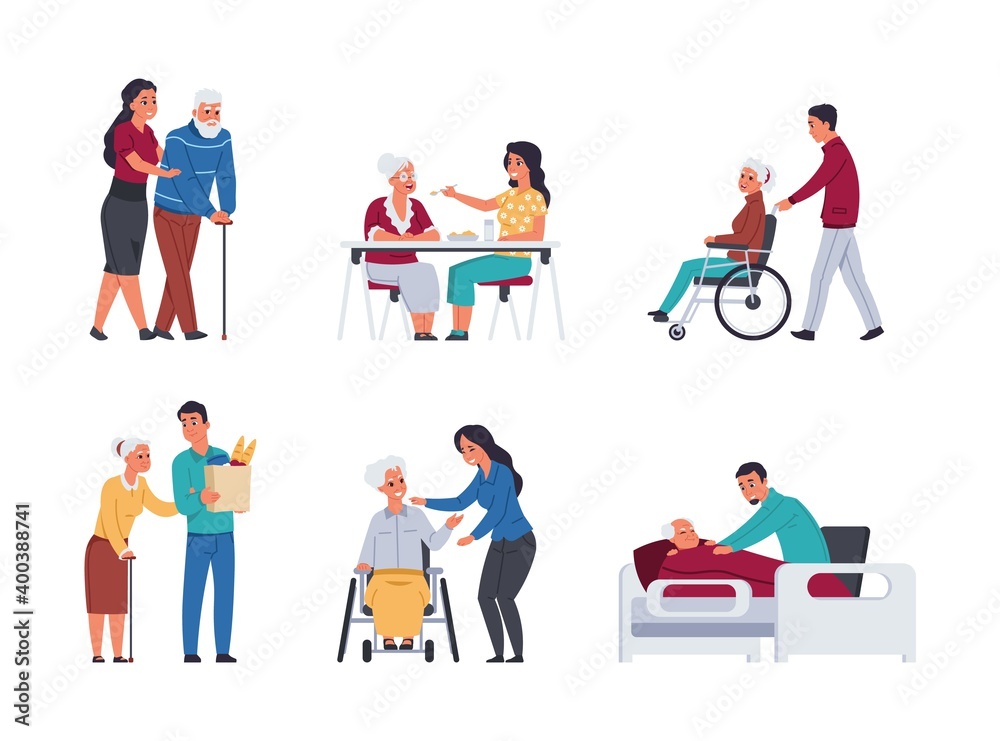 Elder people care. Volunteers helping old people. Cartoon young men and women support retirement persons. Disabled senior humans walking with cane and moving in wheelchair, vector set