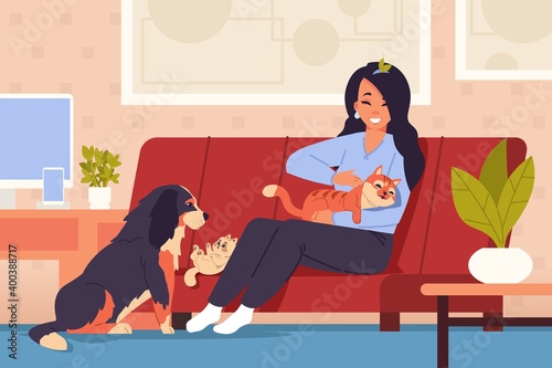 Woman at home with pets. Cartoon girl character relaxing on couch with orange striped cat, little kitten and friendly dog. Comfortable interior. Vector domestic animals in living room
