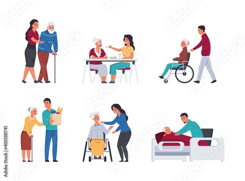 Elder people care. Volunteers helping old people. Cartoon young men and women support retirement persons. Disabled senior humans walking with cane and moving in wheelchair  vector set
