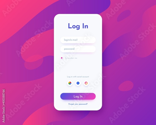 Log in screen. Mobile application interface, registration form with login and password fields. Website UI with buttons and network account sign. Vector web page mockup for smartphone