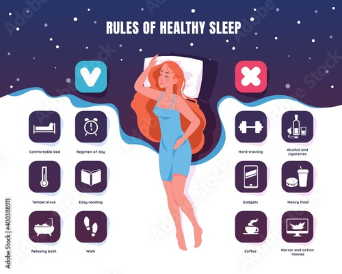 Healthy sleep. Cartoon sleeping woman rest in bed. Bedtime rules for better relaxation and wellness. Insomnia prevention advices. Vector health care lifestyle poster with lettering