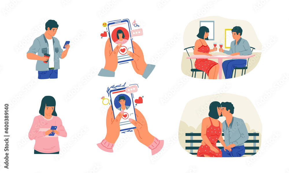 Dating app. Cartoon man and woman looking couple and acquaintance. Mobile application for meeting and communication. Cute stages of relationship development. Online service, vector set Dating app. Cartoon man and woman looking couple and acquaintance. Mobile application for meeting and communication. Cute stages of relationship development. Online service, vector set