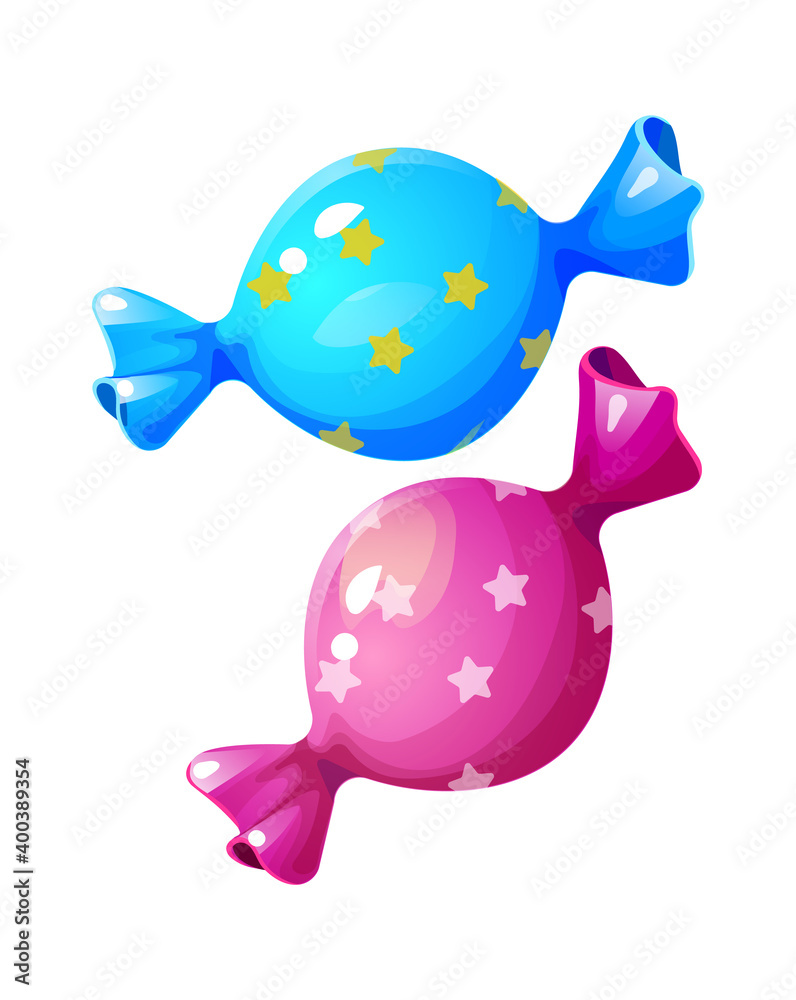 Cartoon candy. Cute bonbon wrapped in bright pink and blue packaging decorated with stars. Sweet dessert, unhealthy caramel or marmalade food for children. Vector sugary confectionery Cartoon candy. Cute bonbon wrapped in bright pink and blue packaging decorated with stars. Sweet dessert, unhealthy caramel or marmalade food for children. Vector sugary confectionery