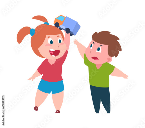Bad behavior. Brother and sister quarrel. Girl teases boy with toy. Isolated children arguing. Conflicts between older and younger kids in family. Vector relationship flat illustration