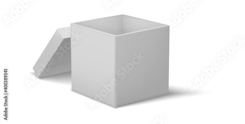 Cardboard box. Realistic empty square container with lid. 3D open packaging for holiday presents and purchases in shoe store or electronic shop. Vector organizer for storing things