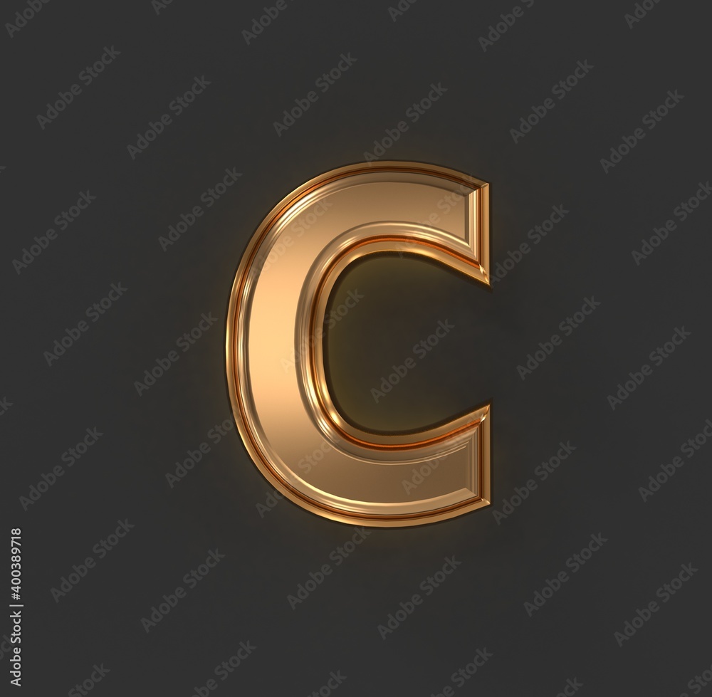 aged orange gold or copper metalline alphabet - letter C isolated on grey, 3D illustration of symbols aged orange gold or copper metalline alphabet - letter C isolated on grey, 3D illustration of symbols