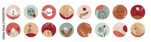 Face stories cover. Social media highlights with cute women heads and floral elements. Contemporary shapes, decorative outline flowers or human body parts. Vector colorful profile set