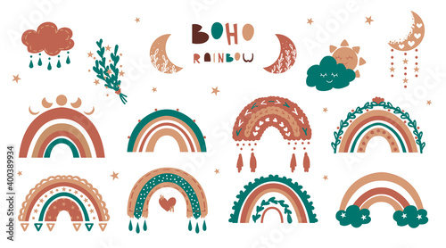 Boho rainbow. Minimalist banner in childish style with crescents or sun and clouds. Collection of hand drawn decorative stickers in pastel colors. Abstract curved stripes, vector set