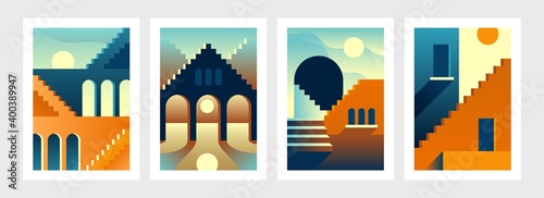 Geometry stairs posters. Contemporary architectural banners with oriental buildings. Minimal arches and steps. Overlaying shadows and lights from sunset or sunrise. Vector cityscape set