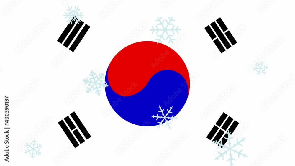 Snowflakes are falling on South Korea state flag animated video for Christmas or New Year holidays Full HD 1920x1080 10 sec. Snowflakes are falling on South Korea state flag animated video for Christmas or New Year holidays Full HD 1920x1080 10 sec.